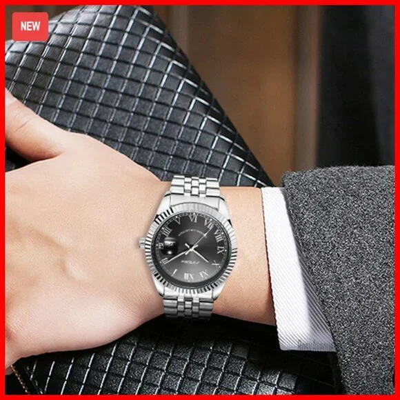 Men's Stainless Steel Quartz Watch with Luminous Date Display 38mm